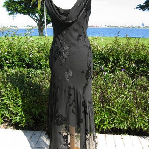 Vintage Silk Gown / fits M / 80s Black Gown shops / Devore Silk Beaded Gown / 30s style Chiffon Gown / Vintage Chiffon Gown