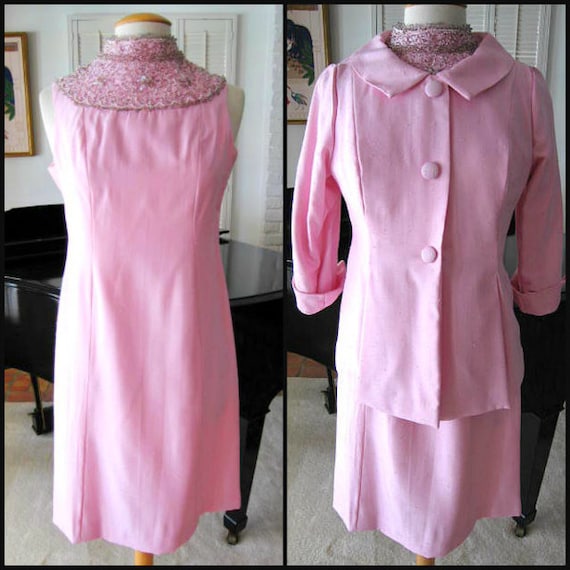 50s Beaded Suit / fits M-L / 50s Shantung Silk Sui