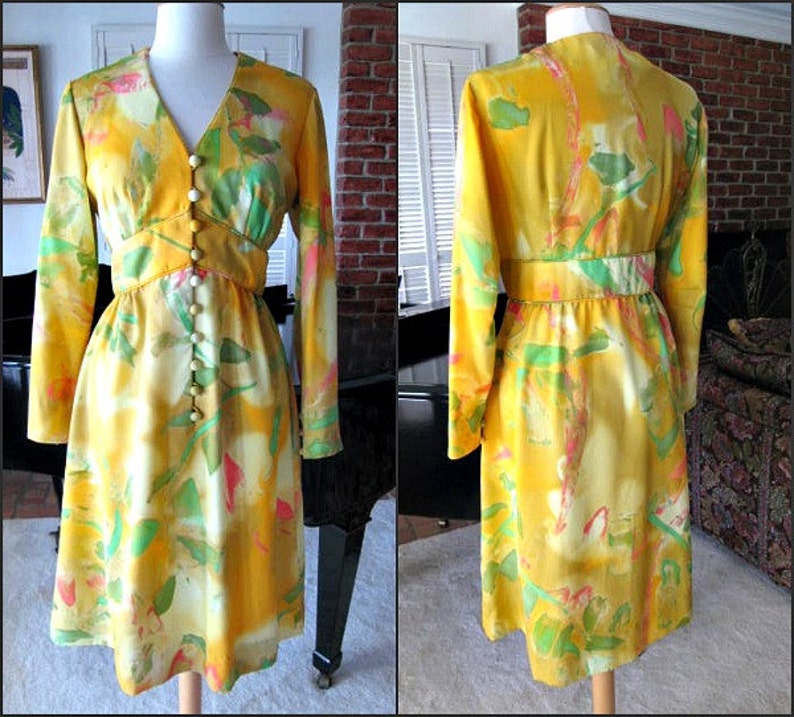 TORI RICHARD Dress / Fits M / Vintage 60s 1960s / Citrus Floral Crepe