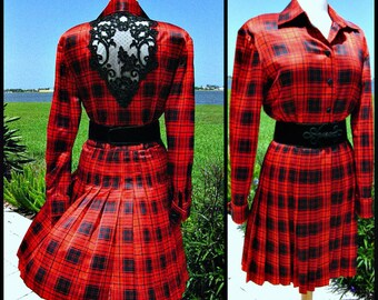 Stanley Platos Martin Ross Dress / fits S / Platos Ross Dress / Red plaid dress / Black Lace and Plaid Silk Dress /  Vintage Red Plaid Dress