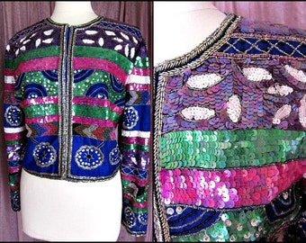 Vintage Thai Silk Beaded Bolero Jacket - Size L