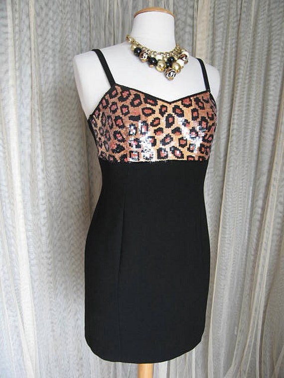 LEOPARD sequin dress / fits S / 80s leopard body … - image 2