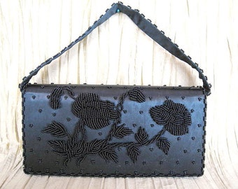 50s BEADED Purse / 50s Purse converts from CLUTCH to handbag / Vintage Black beaded purse / 50s black beaded purse