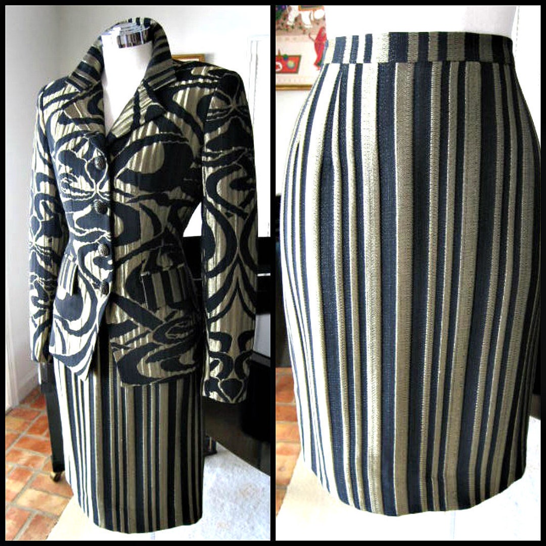 Vintage Mary Mcfadden Gold Brocade Suit: 80s Jacket & Skirt - Fits