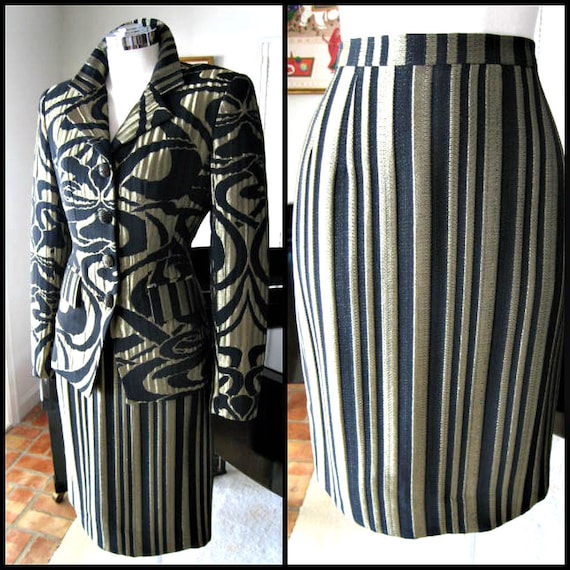 Mary McFadden Collection suit / 80s gold brocade s