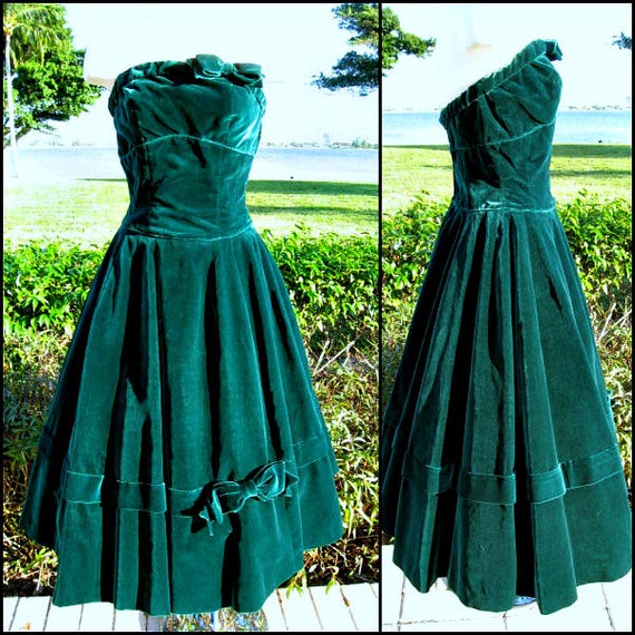 50s green velvet dress / vintage green velvet dres