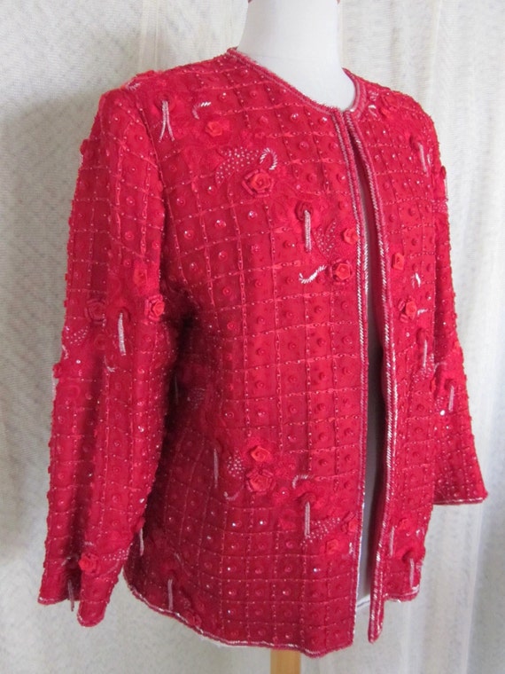 RED 3-D Flower Beaded Vintage Jacket // fits L //… - image 2