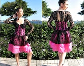 Vintage Pilar Rossi Couture Dress: Black Lace, Pink Ruffle Salsa Dress (XS-S)