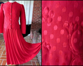 LEVINO VERNA Vintage Suit / fits S / Frances Brewster Palm Beach / Red Silk Suit / Jacquard Maxi Skirt / Quilted Jacket / Vintage Red Suit