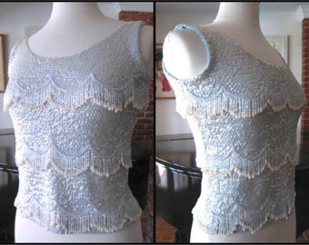 50s Beaded Sweater / 50s Blue Sequin Sweater / fits S / Baby Blue Beaded Sweater / Vintage Blue Beaded Sweater / Pearl Bead Fringe