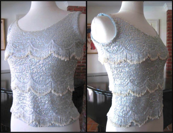 50s Beaded Sweater / 50s Blue Sequin Sweater / fi… - image 1