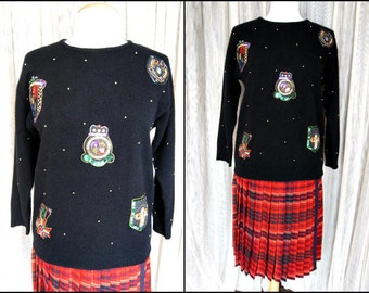 MILITARY Emblem Sweater / fits S-M / Luxe Fiber Sweater / Vintage Beaded Sweater / Vintage Family Crest / Royal Family Crest