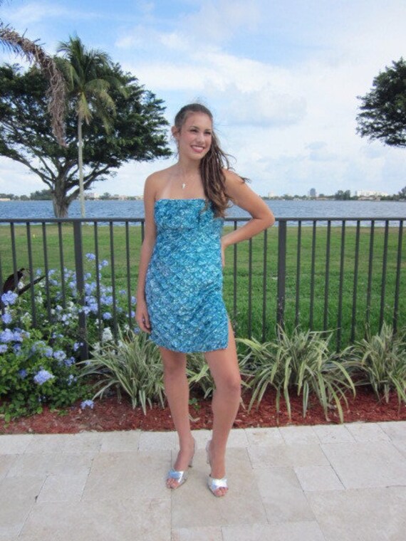 Turquoise Beaded Dress / fits M / Turquoise Sequi… - image 6