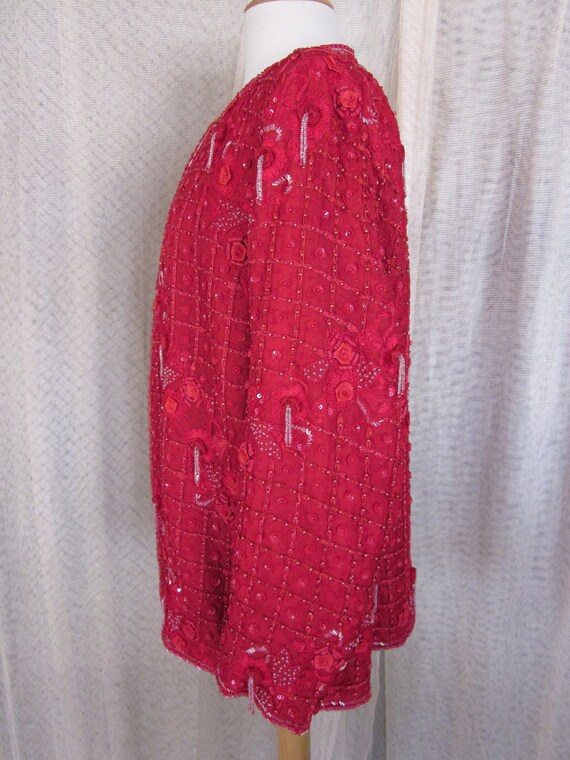 RED 3-D Flower Beaded Vintage Jacket // fits L //… - image 3