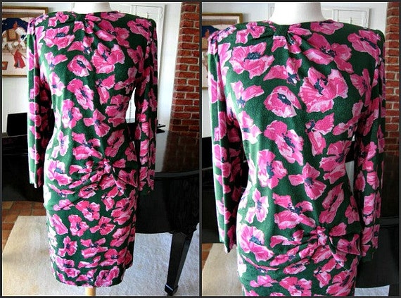HANAE MORI Boutique Silk Dress /fits M-L /  Vintage Hanae Mori Dress / Hanae Mori Skirt Suit / Fuschia Floral