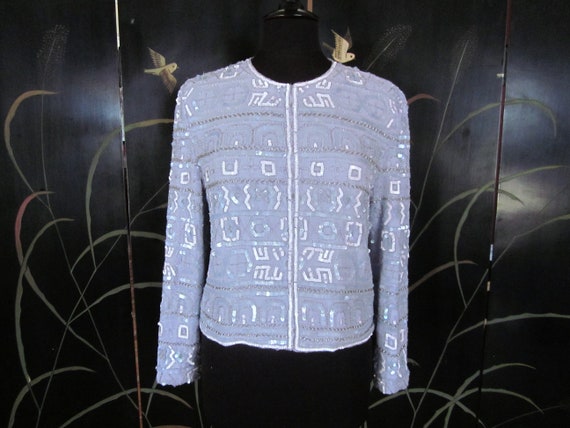 Papell Beaded Jacket / fits S-M / Blue Beaded Jack