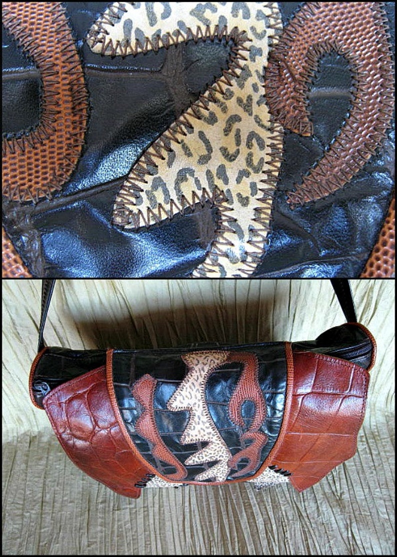 80s Tribal Purse / Vintage Collage Shoulder Bag / 80s Wearable Art Purse / Embossed Lizard