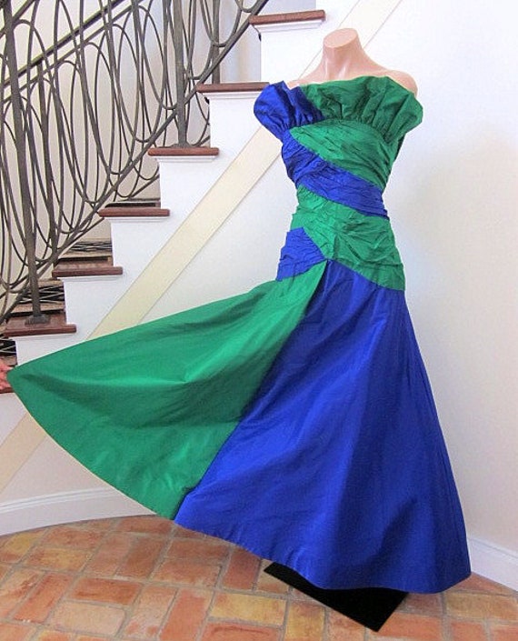 Vintage Gown 80s Taffeta Gown Fits XS Blue and Green Ball
