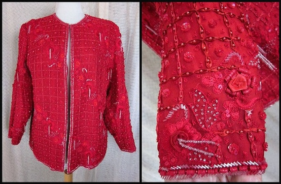 RED 3-D Flower Beaded Vintage Jacket // fits L //… - image 1