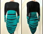 Vintage Marc Bouwer Bodycon Dress: 80s Slinky Jersey, Emerald Green & Black, S-M