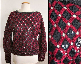 Burgundy Chenille Sequined Sweater / 70s Black Sequin Cranberry Chenille Sweater / fits XS-M / Chenille sequin sweater / I Magnin Sweater