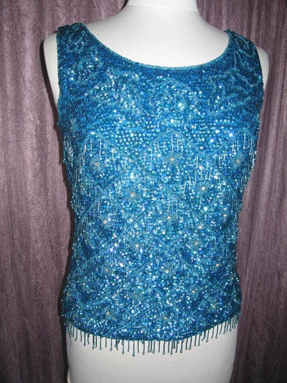 Turquoise Beaded Top / Vintage Blue Beaded Top / 50s Blue