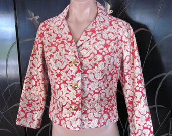 BROCADE Vintage JACKET / Red Gold White Brocade Jacket / fits XS-S / 50s brocade jacket / Palm Beach Socialite brocade jacket