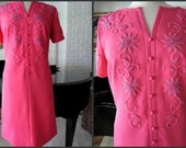 Vintage 50s Beaded Dress: Hand-fashioned Hong Kong Pink Floral, Fits L
