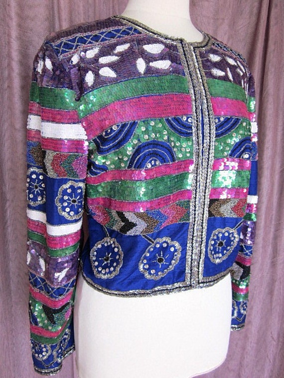 Blue Silk Beaded Jacket / fits L / Thai Silk Bead… - image 2