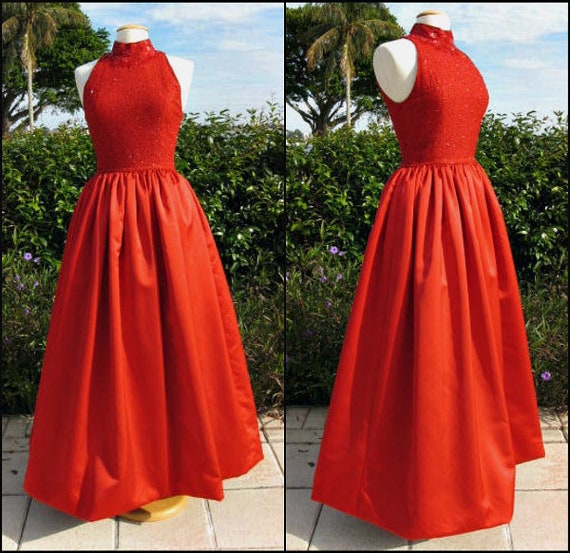 red silk evening gown