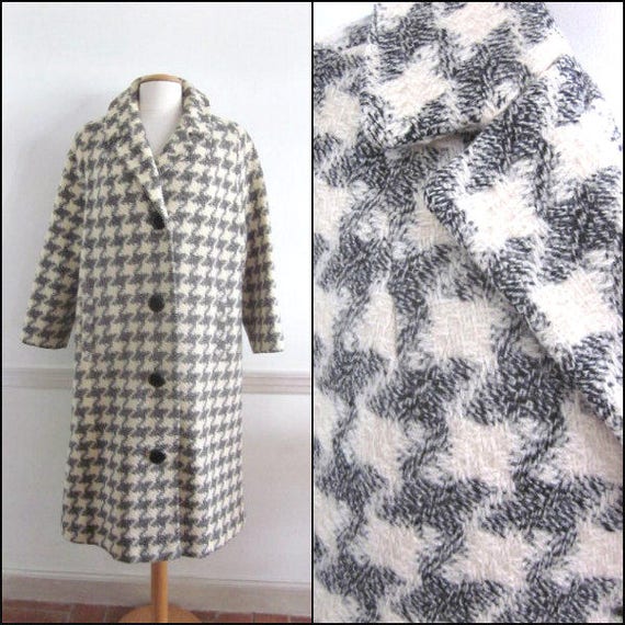 50s Houndstooth Coat / Vintage 50s Check Coat / Wh