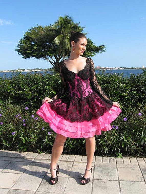Vintage Pilar Rossi Couture Dress: Black Lace, Pink Ruffle Salsa Dress  (XS-S) - Etsy