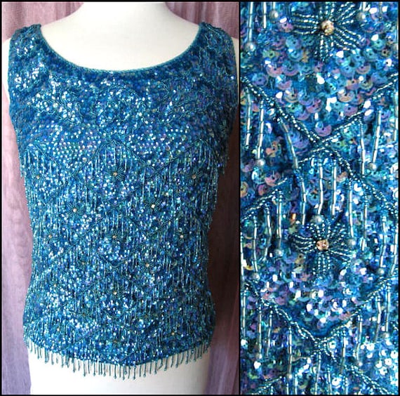 Turquoise beaded top / Vintage Blue Beaded Top / … - image 1