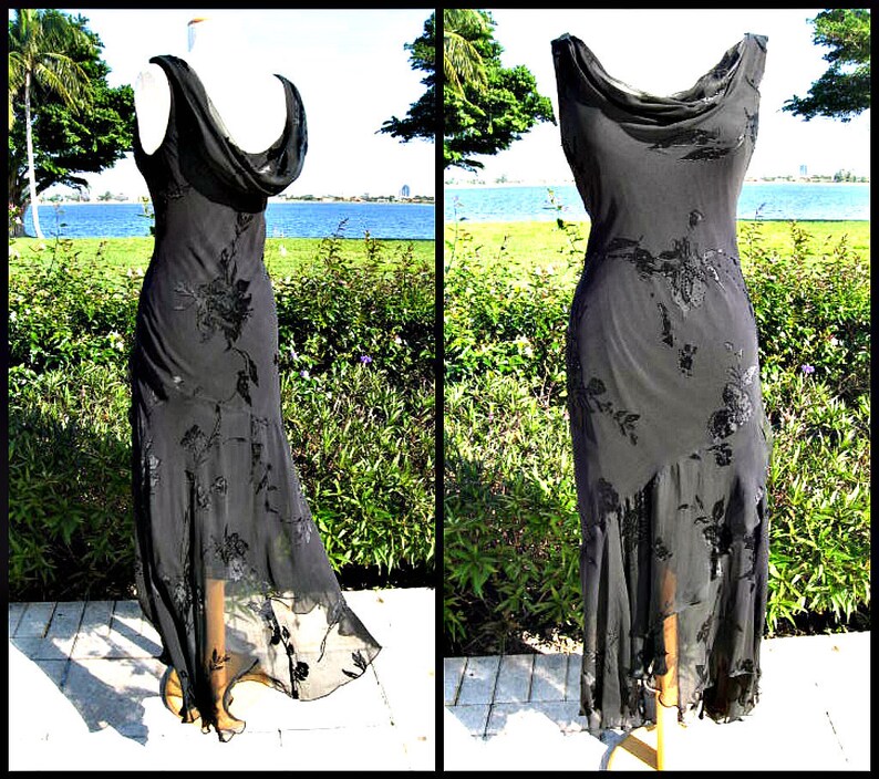 Vintage Silk Gown / fits M / 80s Black Gown shops / Devore Silk Beaded Gown / 30s style Chiffon Gown / Vintage Chiffon Gown