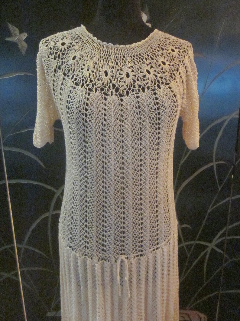 70s Crochet Dress / Vintage Crochet Dress / fits S-L / Ivory Crochet Dress / Bridal Crochet Dress / 70s Silky Crochet Dress image 8