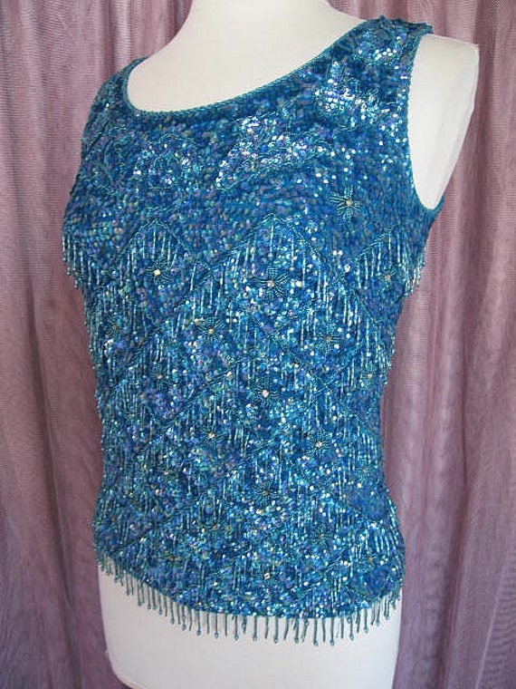 Turquoise beaded top / Vintage Blue Beaded Top / … - image 3