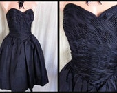 Vintage Thai Silk Party Dress: 80s Ruched Corset Bodice, Bouffant Skirt