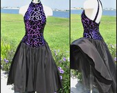 70s Purple Sequin Halter Dress - Vintage Black Velvet Cocktail Dress XS-S