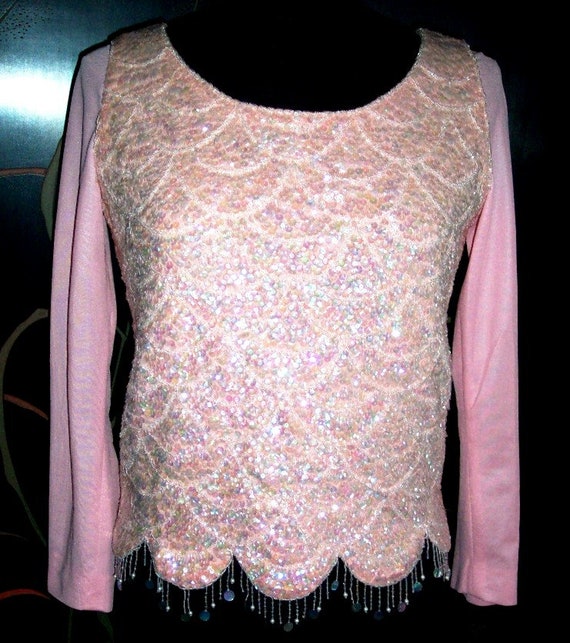 Pink Sequin Top / Vintage Pink Sequin Sweater / 5… - image 2