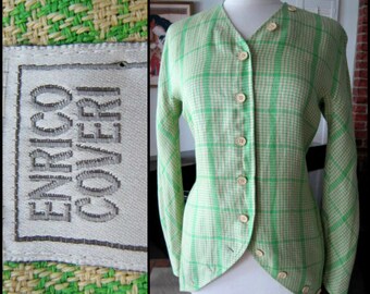 Enrico Coveri Linen Plaid Jacket / Green Plaid Jacket / Enrico Coveri Italian Linen Jacket / fits S / Lime Green Jacket