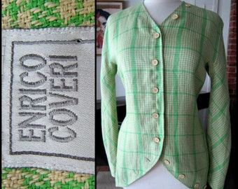Enrico Coveri lino chaqueta de cuadros / chaqueta de cuadro verde / Enrico Coveri chaqueta de lino italiano / se adapta s / limón chaqueta verde