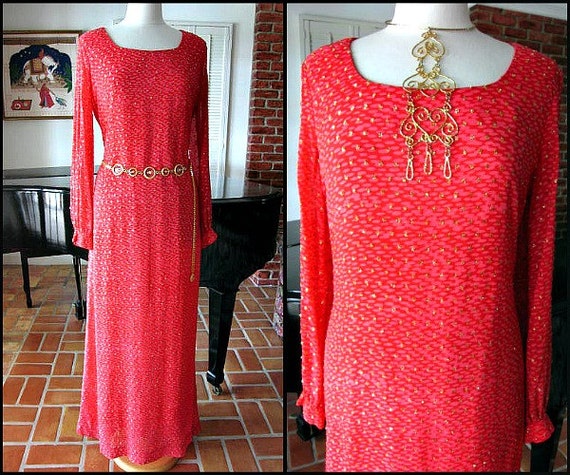 70s BOHO Gown / fits L / Boho lame dress / Vintage