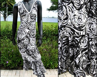 Vintage Silk Chiffon Dress / 80s Flapper Style Maxi dress / fits XS-S / Black and White Ruffled Dress / Sequined Silk Chiffon Dress