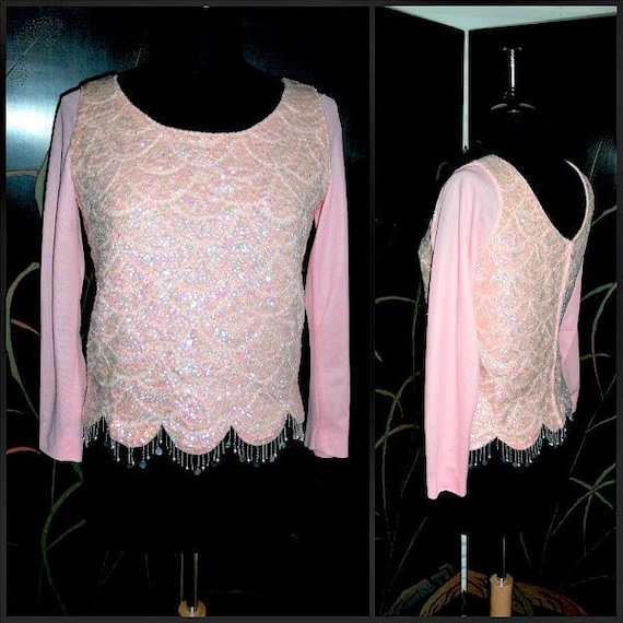 Pink Sequin Top / Vintage Pink Sequin Sweater / 50