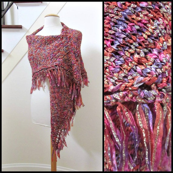Hand Knit Shawl / OSFM / Gold shawl / Gold Pink P… - image 1