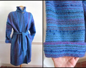 Hand Woven Vintage Coat / fits M to L / Olive Cox Weaver Fiber Artist / Vintage 80s wrap coat / 80s wearable art