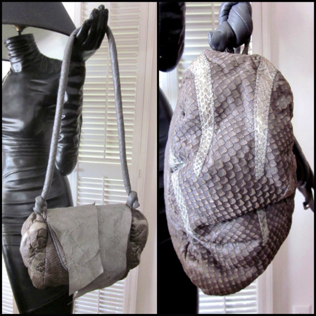 80s Gray Snake Shoulder Bag / Huge Gray Snake Leather Hobo