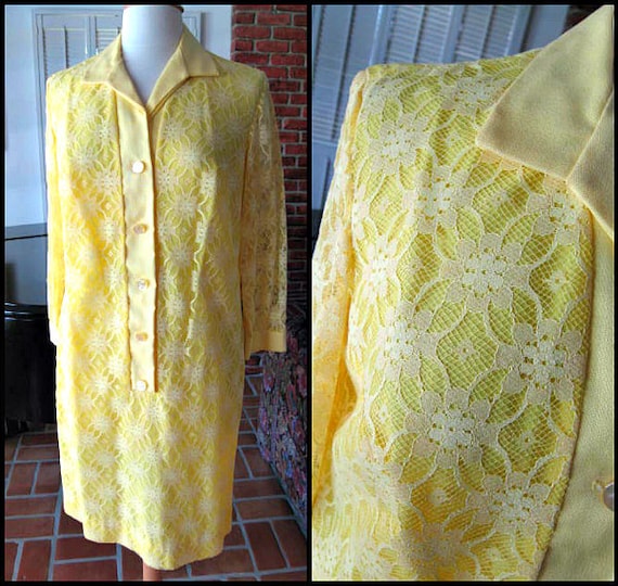 GISELLE Miami Dress / fits M-L / 60s yellow lace d