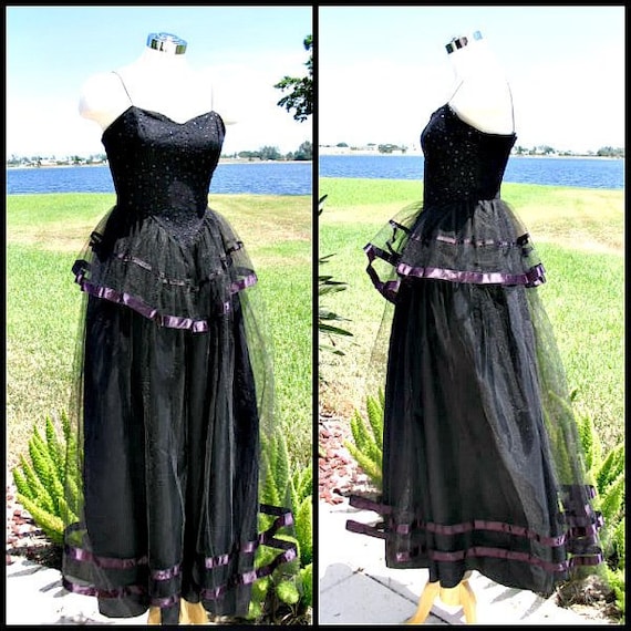 Vintage Black Tulle Gown / fits XS / 70s Goth Gown