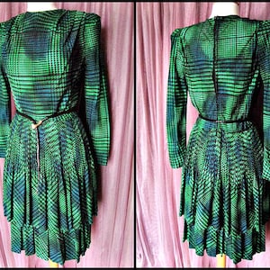 Martha Palm Beach Dress / fits M / Vintage Silk Dress / 80s Green Teal Plaid Dress / Martha Demi Couture Silk Dress